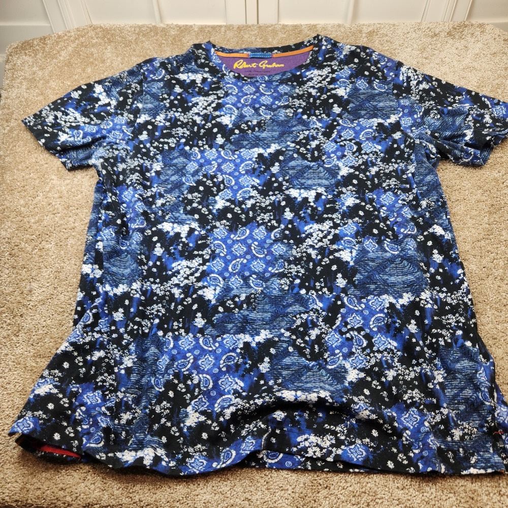 Robert Graham Mens XL Blue Paisley Floral Patchwork Cotton T-Shirt Crew Neck